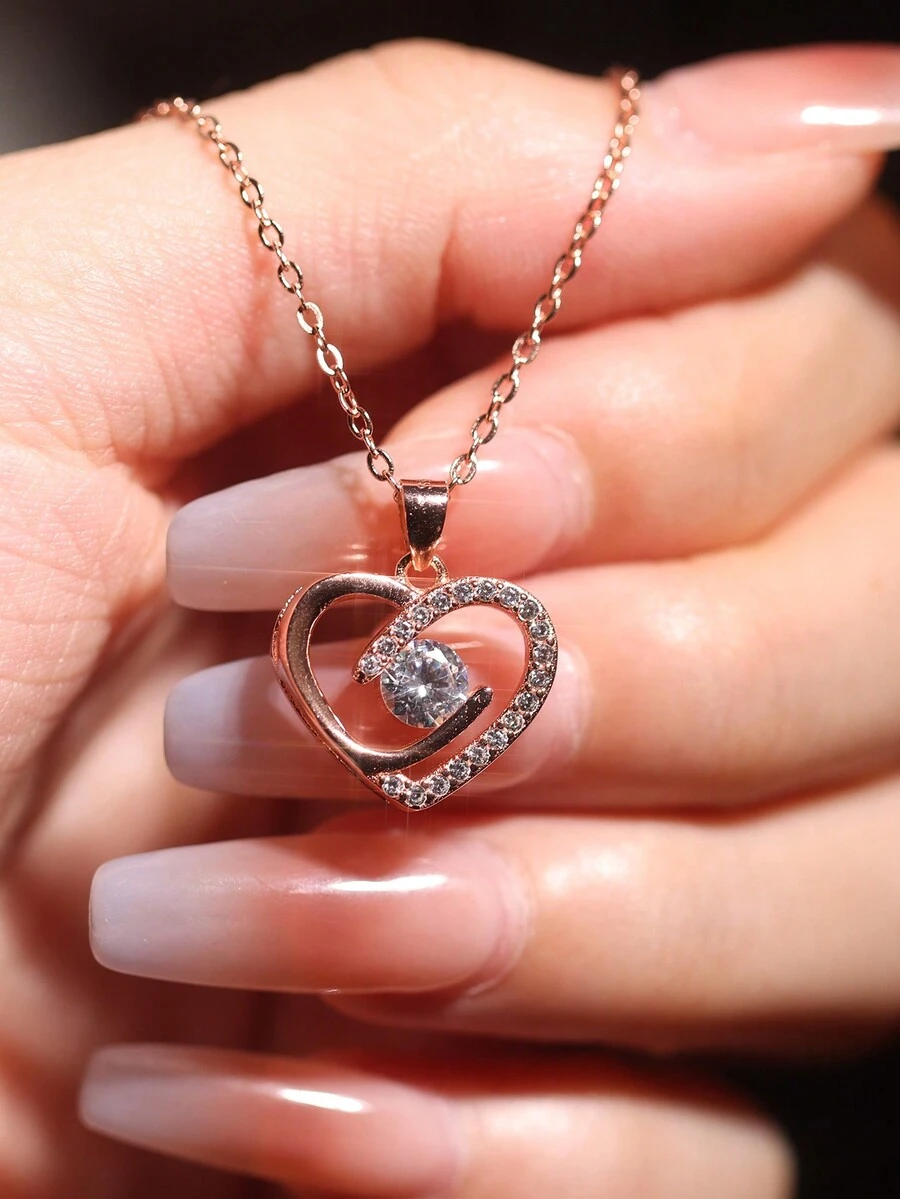 1 chiếc vòng cổ mặt dây chuyền trái tim bằng bạch kim mạ bạc Sterling 925, đính đá Cubic Zirconia lấp lánh, thiết kế tối giản, thích hợp cho lễ hội, tặng quà, trang phục hàng ngày và ngày lễ cho phụ nữ Valentine - Hoa hồng vàng - Xem 1