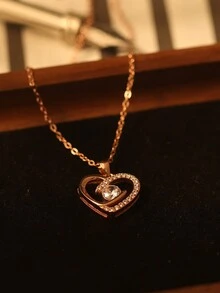1 chiếc vòng cổ mặt dây chuyền trái tim bằng bạch kim mạ bạc Sterling 925, đính đá Cubic Zirconia lấp lánh, thiết kế tối giản, thích hợp cho lễ hội, tặng quà, trang phục hàng ngày và ngày lễ cho phụ nữ Valentine - Hoa hồng vàng - Xem 7