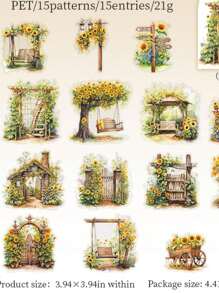 15pcs/Pack Vintage Large Size Sticker Pack, Manor Fence Series, Vines & Wild Flowers, Suitable For Diary, Scrapbooking, Decoration, Landscaping