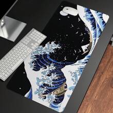 Extra Large Japanese Wave Gaming Mouse Pad - Non-Slip, Washable Rubber Base Desk Mat With Vibrant Black & White Great Wave Off Kanagawa Design, Ideal For Gamers & Professionals, Extra Long & Thick Table Pad, Nonslip Base, Fabric Top