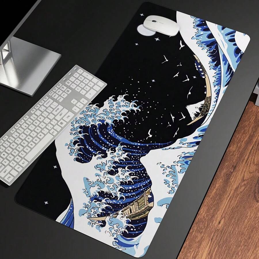 Extra Large Japanese Wave Gaming Mouse Pad - Non-Slip, Washable Rubber Base Desk Mat With Vibrant Black & White Great Wave Off Kanagawa Design, Ideal For Gamers & Professionals, Extra Long & Thick Table Pad, Nonslip Base, Fabric Top