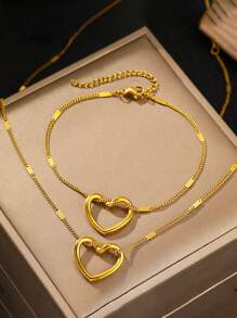 Set de 2 piezas de colgante en forma de corazón hueco de acero inoxidable + conjunto de joyas de pulsera, de moda y adecuado para uso diario, regalo