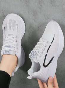 2025 秋季女式透气针织时尚运动鞋 - 休闲系带步行鞋，采用柔软 PVC 鞋底、织物鞋垫和衬里 - 轻便、舒适、圆头、低帮 - 四季耐磨运动鞋 - 白色 - 查看 7