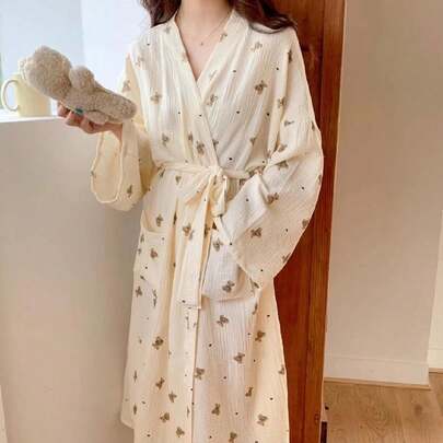 1 件女式睡袍，简约欧式长袖睡衣，可爱小熊印花，春秋季，薄料，纯色，家居服，小码至加大码夏季婚礼家居浴室装饰返校