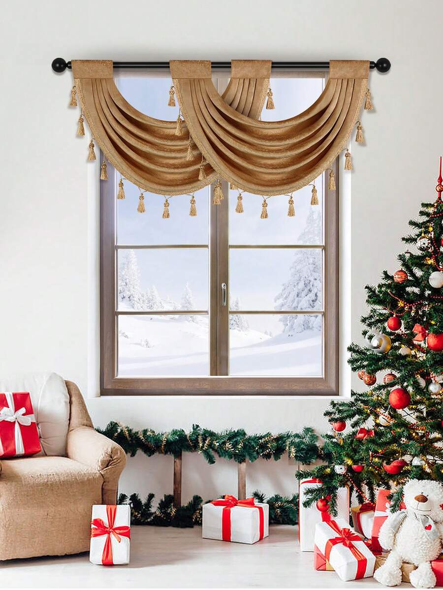 1pc Bronze Colored Flower Fringed Curtain, Thick Chenille Material