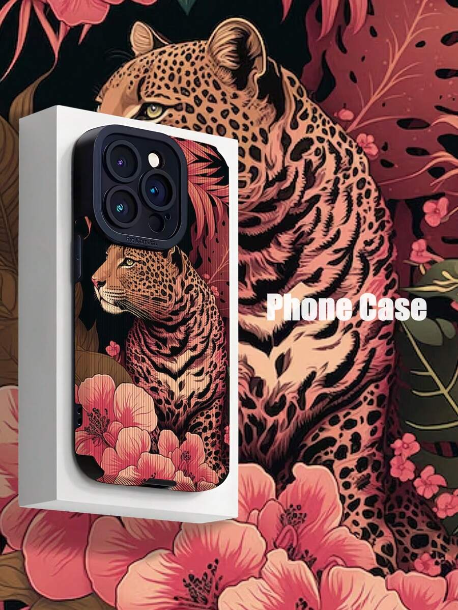 Leopard 1pc Retro Pink Floral Tiger Graphic Brushed Soft TPU Phone Case Compatible With Iphone & Samsung 15/15PLUS/15PRO/15PROMAX - Multicolor - View 1