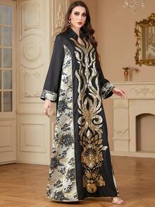 Đầm dài màu đen thêu sequin chắp vá thanh lịch, cổ chữ V, tay dài cho nữ, phong cách Ả Rập tinh tế, mùa thu/đông - màu đen - Xem 4