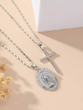 2pcs Catholic Virgin Mary Zirconia & Cross Pendant Necklaces Set, Fashion Unisex High-End Religious Jewelry Accessories, Suitable For Couples, Holidays Gift