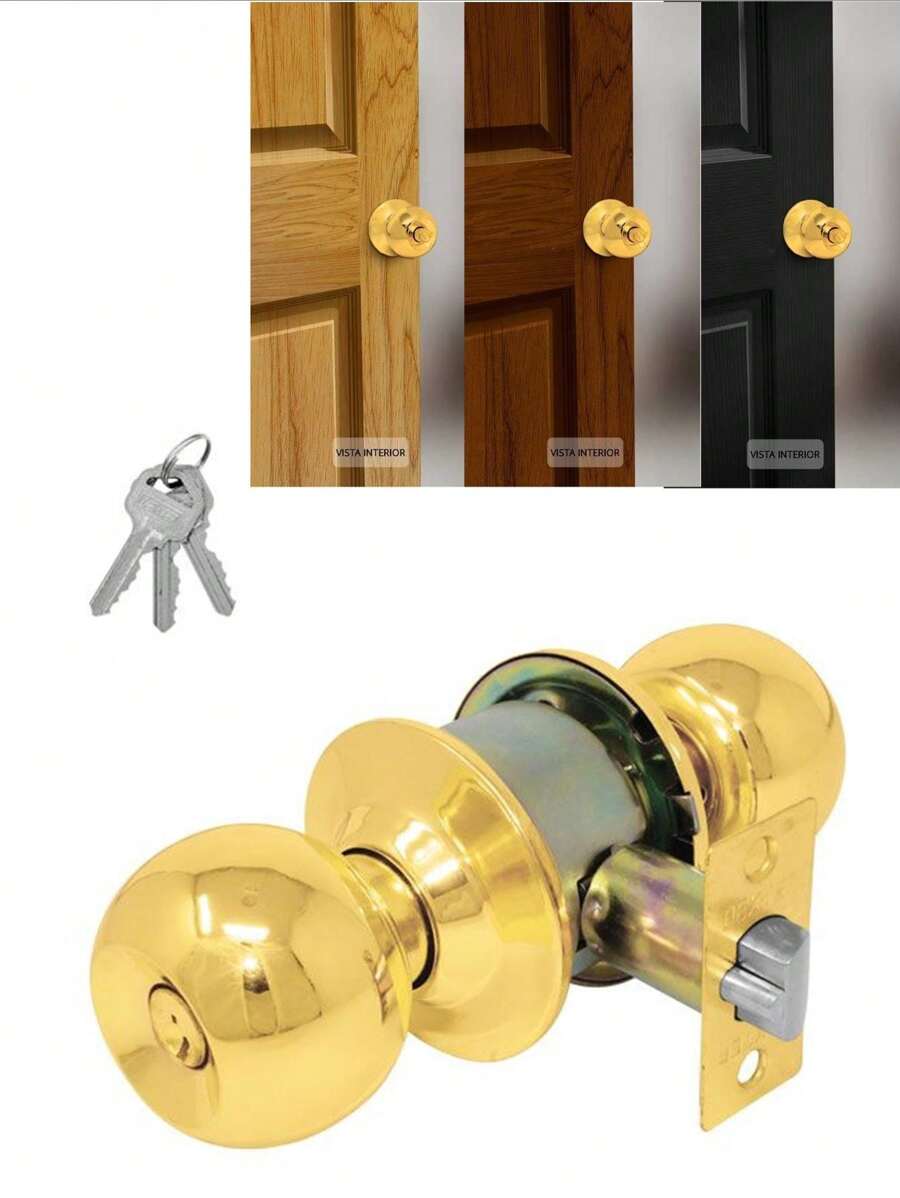Bedroom Lock With 2 Keys, Sphere Type Installation For Wooden Or Metal Door - Gold - View 1