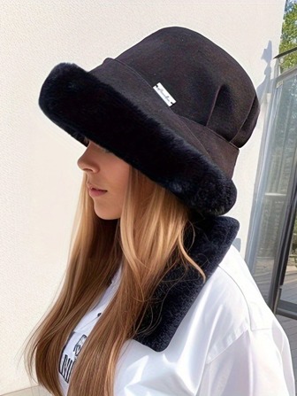 Thickened New Windproof Ear Protective Wide-Brim Furry Hat, Elegant & Casual Polyester Fluffy Edge Warm Bucket Hat, Autumn/Winter