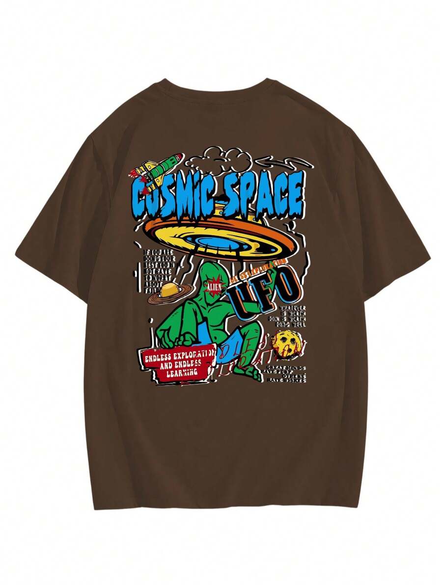 Men's Oversized Streetwear Cusmic Space T-Shirt Premium 100% Cotton Turtleneck Unisex New Arrival - 鏽棕色 - 查看 1