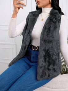 Chaqueta Esponjosa Sin Mangas Para Dama Con Pelo De Conejo Auténtica,Chamarra De Peluche Con Pliegues De Unicolor Con Cuello Alto y Botones Para Otoño e Invierno - Gris - Ver 5