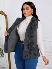 Chaqueta Esponjosa Sin Mangas Para Dama Con Pelo De Conejo Auténtica,Chamarra De Peluche Con Pliegues De Unicolor Con Cuello Alto y Botones Para Otoño e Invierno - Gris - Ver 3