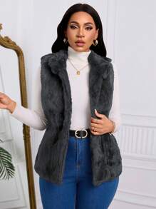 Chaqueta Esponjosa Sin Mangas Para Dama Con Pelo De Conejo Auténtica,Chamarra De Peluche Con Pliegues De Unicolor Con Cuello Alto y Botones Para Otoño e Invierno - Gris - Ver 1