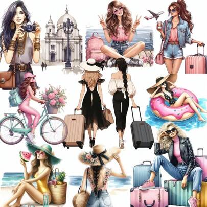 20pcs Colorful Paper 4cm Travel Holiday Girls Self-Adhesive Scrapbooking Stickers Back To School