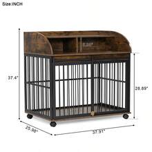 38'' Heavy Duty Dog Crate Furniture For Medium Dog With Lockable Wheels, Wooden Dog Crate Dog Kennel, End Table Crate With Double Layer Storage, Brown - 黑色 - 查看 3