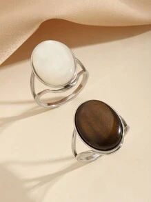 2pcs Stainless Steel Gold Yellow Ring With Light Blue And Pink Large Stones, Exaggerated Ladies Decoration - Silver - View 20