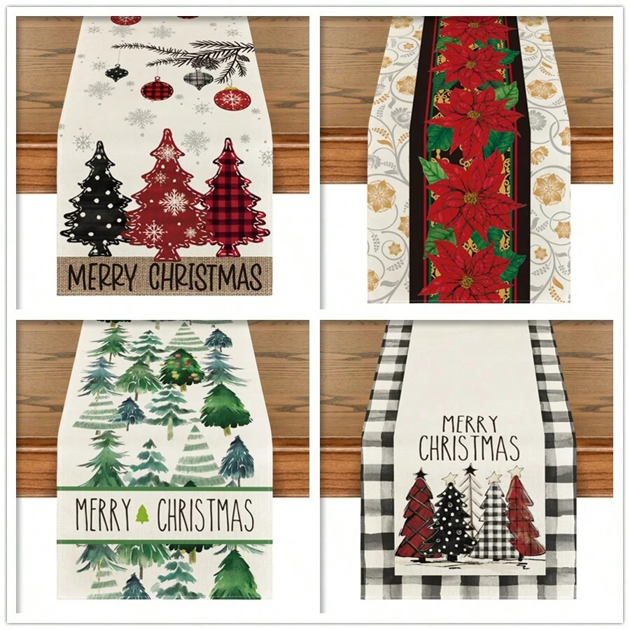 Merry Christmas Table Runner, Christmas Tree Kitchen Dining Table Decor, Flowers Table Placemat Winter Holiday Farmhouse Home Decoration Indoor Outdoor Party Supply Holiday Hanppy New Year Gift - Multicolor - View 1