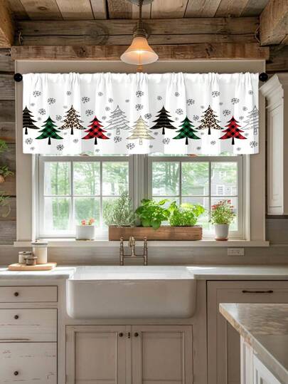 1pc Star Decor Tree Kitchen Window Curtain, Modern Stylish Home Decoration Rod Curtain, Suitable For Four Seasons And Christmas  Christmas Decor  Christmas Decorations Christmas Decoration Room Decor