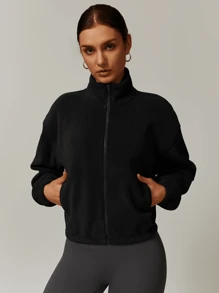 MASKERT Áo khoác lông cừu ngắn cho nữ có khóa kéo cổ đứng, đơn giản và thoải mái, áo khoác ngắn có khóa kéo ấm áp - màu đen - Xem 1