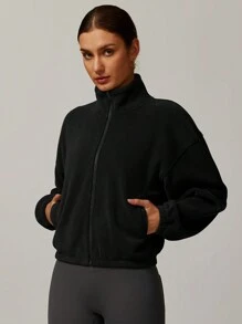 MASKERT Áo khoác lông cừu ngắn cho nữ có khóa kéo cổ đứng, đơn giản và thoải mái, áo khoác ngắn có khóa kéo ấm áp - màu đen - Xem 4