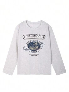 女士春夏新款宽松圆领休闲百搭可爱印花长袖 T 恤上衣 - 淺灰色 - 查看 5