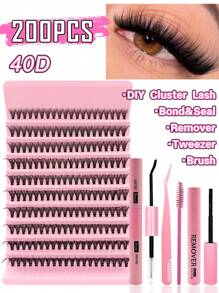200PCS Dramatic C-Curl 8-16MM Mix DIY Lash Extension Kit Set DIY Bottom Lashes Eyelashes Book Big Volume Soft Individual Cluster Lashes Create A Fluffy Natural Wispy Y2k Butterfly Elements Pink Base Card Look At Home Long Lasting DIY Lashes Glue ,DIY Glue Remover,DIY Lashes Tweezers (Bottom Lashes+40D) - Black - View 13