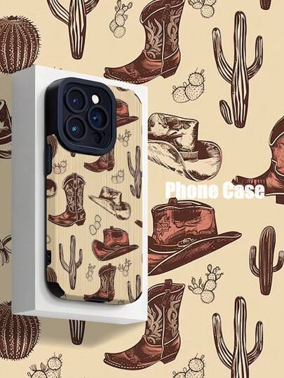 1pc Western Cowboy Pattern Striped Faux Leather Texture Classic Anti-Fall Soft Silicone Phone Case Compatible With Apple/ 16/16Plus/16Pro/16ProMax Waterproof Shockproof Scratch Resistant