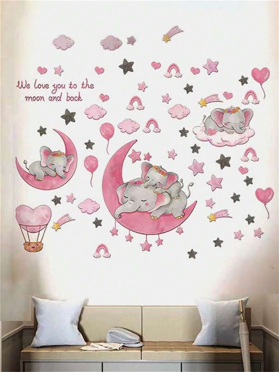 Dreamy Elephant And Pink Hot Air Balloon Wall Decal, Nursery Decor For