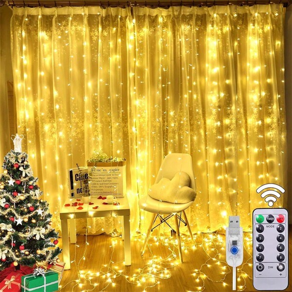 Salandens - Cortina de luces LED de 3 mx3 m (1 juego), 600 luces LED en cascada con gancho, control remoto, 8 modos de iluminación, iluminación de dormitorio, IP65 resistente al agua, ideal para cumpleaños, decoraciones interiores y exteriores, Navidad, Halloween, fiestas y bodas.