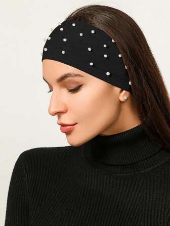 1pc סרט ראש סרוג מעוטר פנינים דמויות רגילות, סרט שיער חם/חורף טורבן סרט זיעה, ציוד לבית ספר, מכללה, סרטי ראש, אביזרי שיער פנינים גומייה לשיער סתיו לחופשה תלבושות אישה צעיף אלגנטי נשים בנדנות כיסוי ראש רך