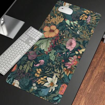 Boho Flowers Large Gaming Mouse Pads Black Office Desk Mat With Non-Slip Rubber Base, Stitched Edge Mousepad For Work, Game, Home Christmas Thanksgiving Gift