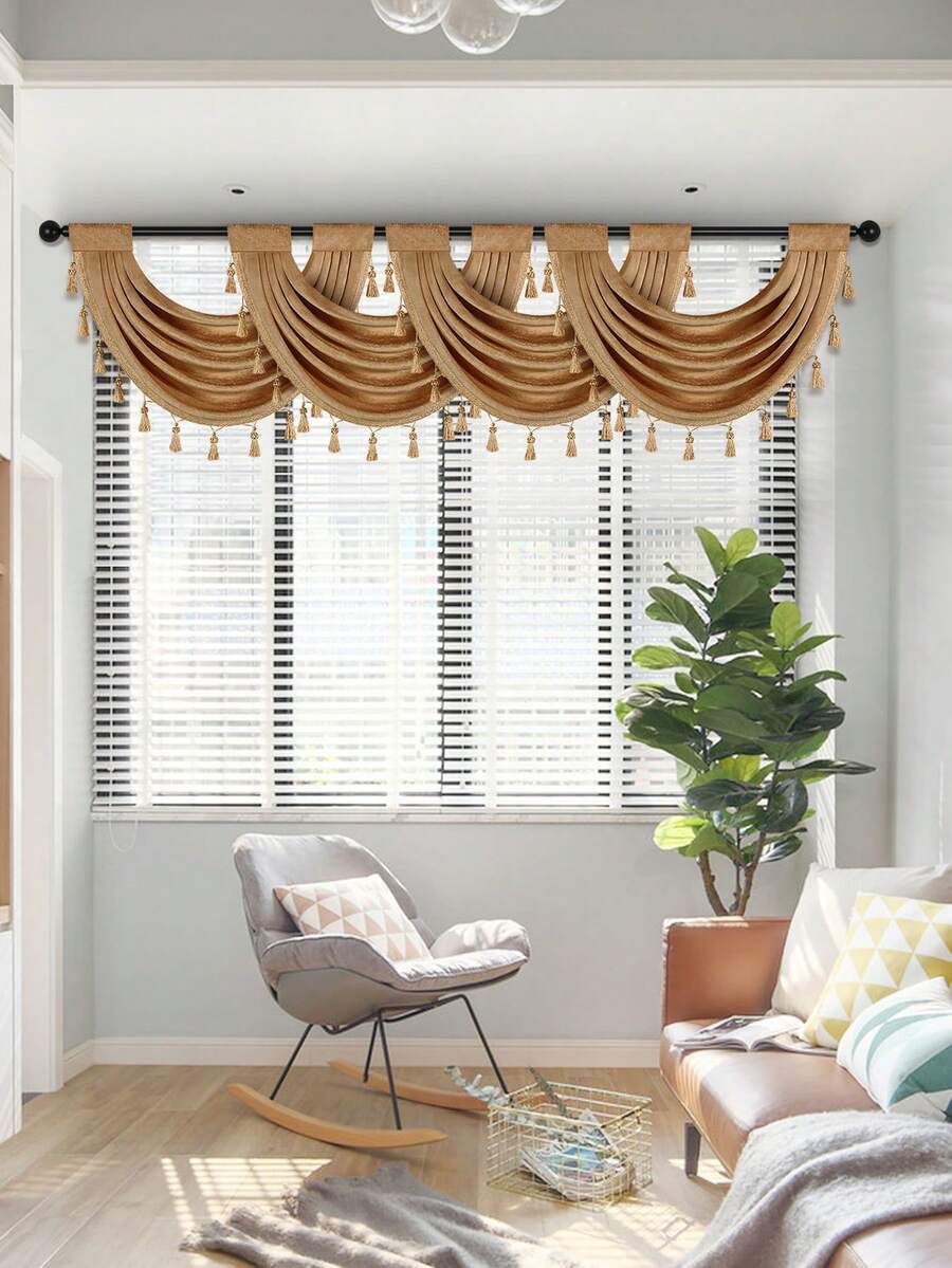 1pc Bronze Colored Flower Fringed Curtain, Thick Chenille Material