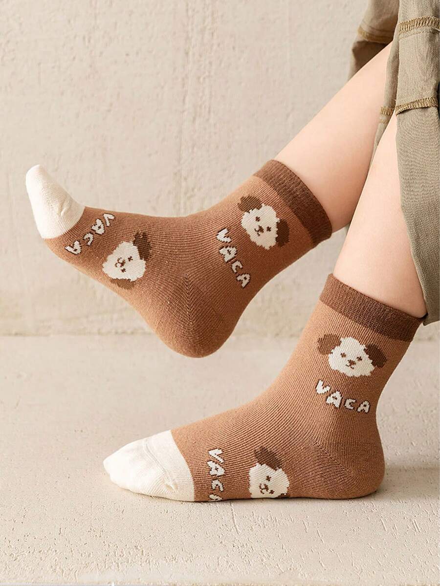 5 Pairs Kids Cute Letter And Stripe Small Dog Pattern Crew Socks