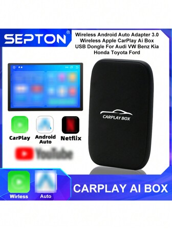  1 Pc SEPTON CarPlay Smart Ai Box Wireless CarPlay Android Auto Adapter Portable Wireless Android Auto TV Box For OEM Wired CarPlay Radio Wireless Carplay Adapter Support Mirror Link