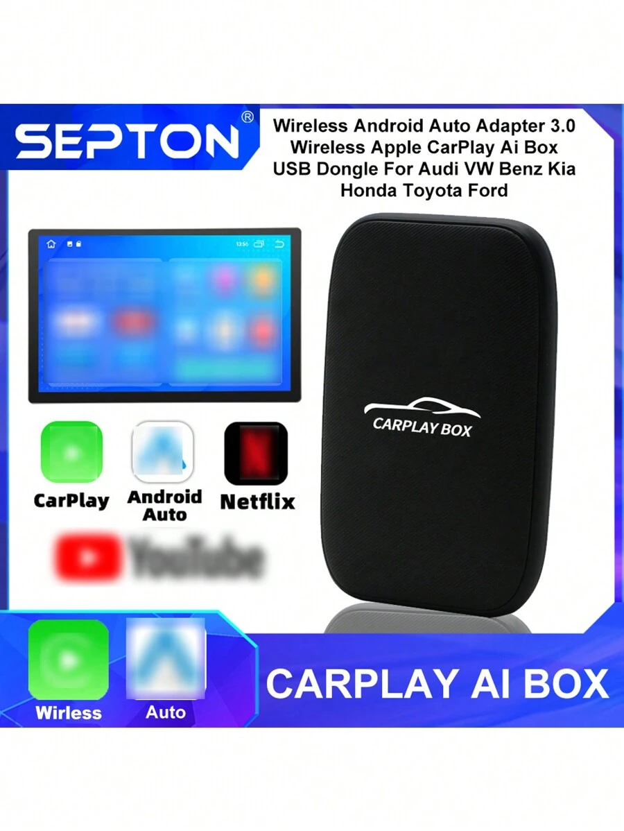1 Pc SEPTON CarPlay Smart Ai Box Wireless CarPlay Android Auto Adapter Portable Wireless Android Auto TV Box For OEM Wired CarPlay Radio Wireless Carplay Adapter Support Mirror Link - Black - View 1