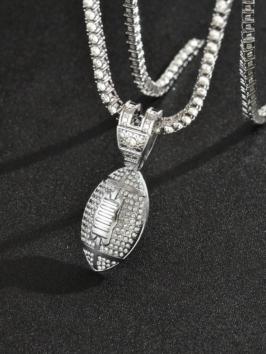 1 件橄榄球形水钻装饰项链，适合运动、嘻哈、夜总会和酒吧、音乐表演、名人风格，有多种尺寸可供选择 - 銀色 - 查看 1