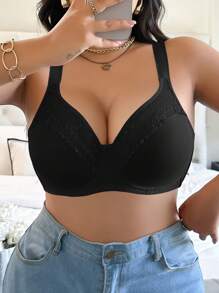 MIMILEMON Black Lace Plus Size Bra Women's Underwire Thin Padded Bra For Daily Wear - Black - View 2