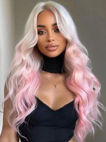 26 Inch White To Pink Long Curly Wavy Synthetic Wig Beginners Friendly Elegant Natural Looking For Cospaly,Festival,Daily, Use Women Wavy Layered Wig Hairstyles Synthetic Wigs For Girls Carnival Party Cosplay Wig - 彩色 - 查看 2