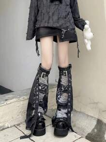 1 双女式破洞牛仔暖腿套，复古 Y2K 街头风破洞性感紧身裤脚，系带设计 - 黑色 - 查看 3