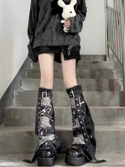 1 Pair Women Distressed Denim Leg Warmers, Vintage Y2K Streetwear Ripped Sexy Skinny Leg Cuffs With Lace-Up