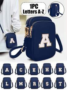 Navy Blue Casual Fashionable Towel Fabric Crossbody Bag, Embroidered With White Letters A-Z, Mini Bag With Phone Pocket And Coin Purse, Women's Crossbody Phone Bag, Shoulder Bag, Coin Purse, Wallet, Handbag, Suitable For Women, Girls, Travel, Back To School, Gifts, Large Capacity, Best Gift For Family - Navy Blue - View 2