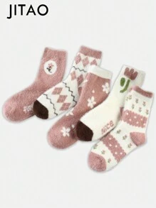 5 pares de calcetines de cachemir suaves y gruesos con forro térmico, con diseño floral de colores para mujer