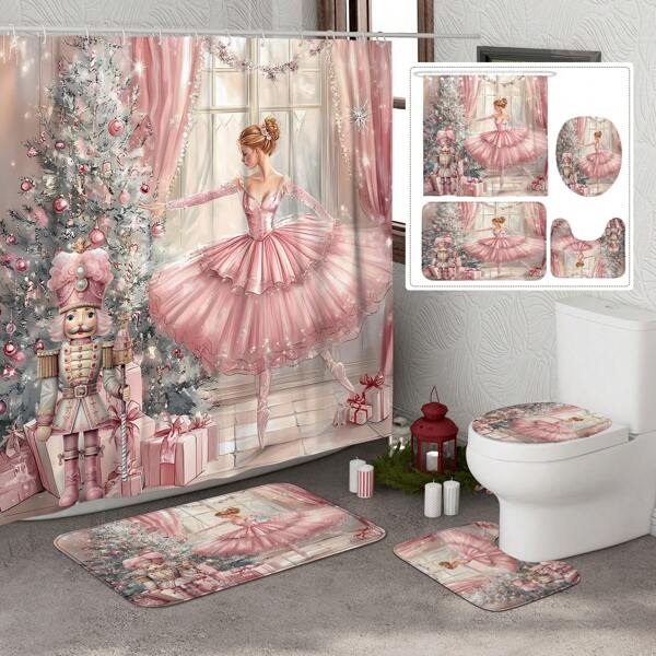 1/4pcs Christmas Tree Winter Shower Curtain Set Nutcracker Gifts Luxury Pink Shower Curtain Waterproof Polyester Washable For Xmas Holiday Bathroom Shower Home Decor Ornaments With 12 Hooks Non-Slip Bath Mat U-Shape Toilet Lid Cover Mat Home Bathroom Decor Summer Bathroom Accessories Back To School