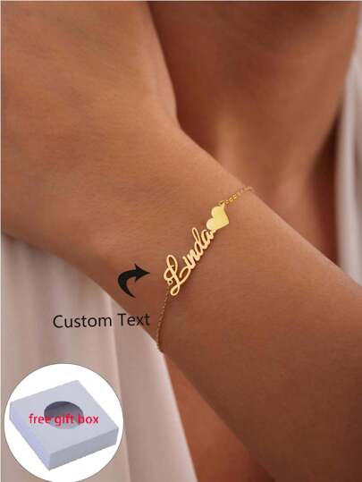 1 pieza Pulsera de nombre personalizada con corazón de acero inoxidable chapado en oro de 18k, Pulsera de nombre personalizada para mujer niña, joyería diaria de moda, regalo