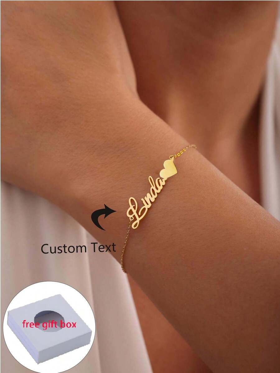 1PC Custom Name Bracelet With Heart Stainless Steel 18k Plated Gold Personalized Name Bracelet For Women Girl Fashion Daily Jewelry Gift