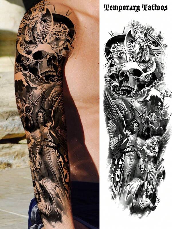 1 Blatt vollarmiger schwarzer Totenkopf Halloween temporäre Tattoos Ärmel für Frauen Erwachsene Beine Oberschenkel Schulter, realistische wasserfeste langanhaltend Fake-Sleeve-Tattoos für Männer Aufkleber