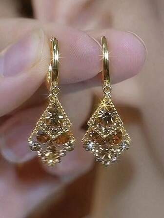 New Arrival High-End Coffee Diamond Encrusted Geometric Double-Layer Rhombus Design Fashion Earrings For Women