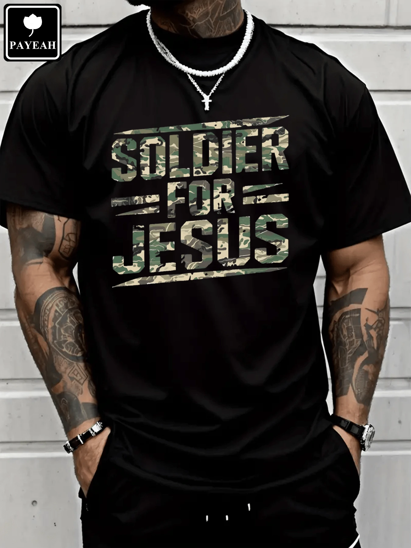 PAYEAH Soldier For Jesus Christian T-Shirt For Summer 100% Heavy Cotton T Shirt - màu đen - Xem 1