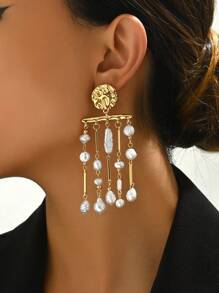 1 par de aretes geométricos personalizados creativos con borlas y perlas para otoño e invierno